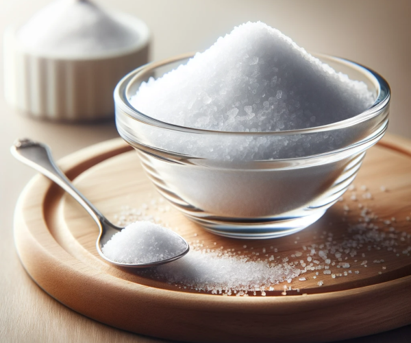 DALL·E 2023-12-03 09.41.54 - An image depicting table salt, presented in a refined and elegant manner. The scene includes a small, clear glass bowl filled with fine, white table s